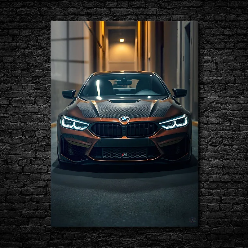 CruArt Midnight Machine metal print, midnight-blue BMW in dark alleyway
