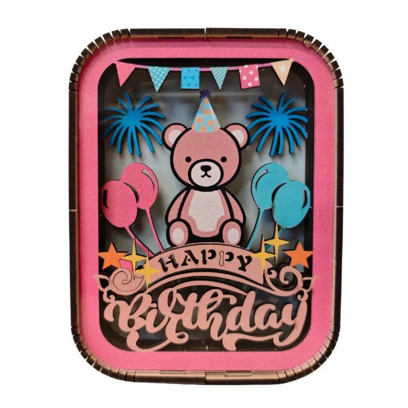 Varvikas 3D Wooden Puzzle Night Light Birthday Bear, pink bear with balloons and bunting lit by LED