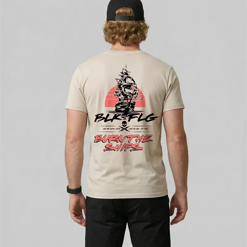 BLK FLG Burn the Ships Tee showing front print design on soft-fit shirt