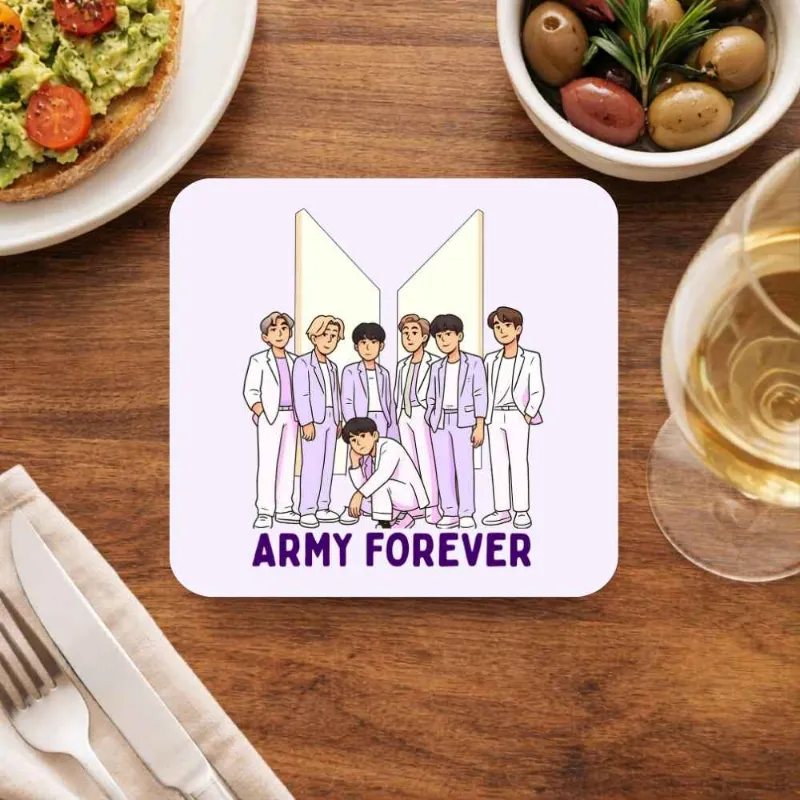 The Banyan Tee US BTS Coasters - Army Forever, wooden coaster with printed design