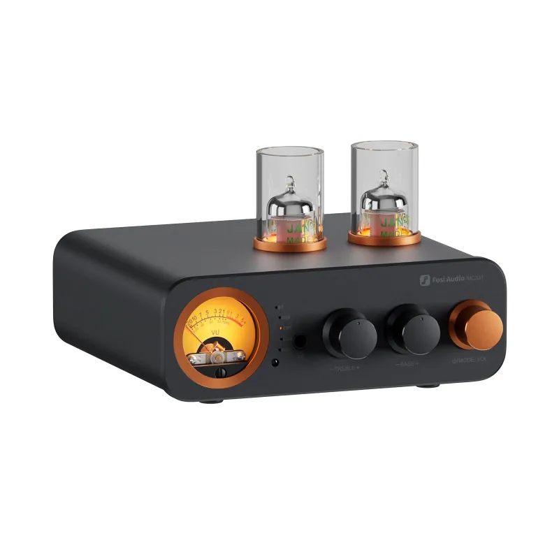 Fosi Audio MC331 Tube Integrated Bluetooth Amp with VU meter and vacuum tubes on desktop