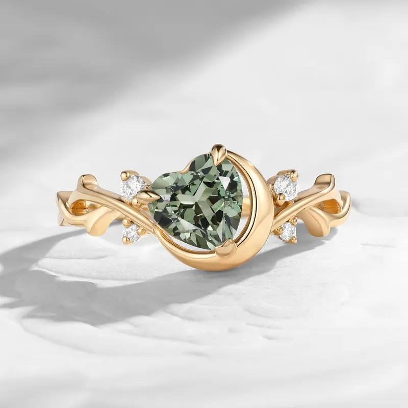 Starlandus Moonlit Embrace heart lab grey green sapphire crescent moon engagement ring with twisted vine band