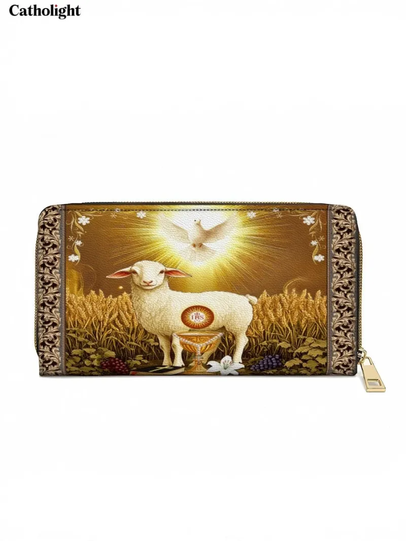 Catholight The Lamb Of Redemption Leather Wallet Purse showing Lamb of God artwork with golden wheat and chalice
