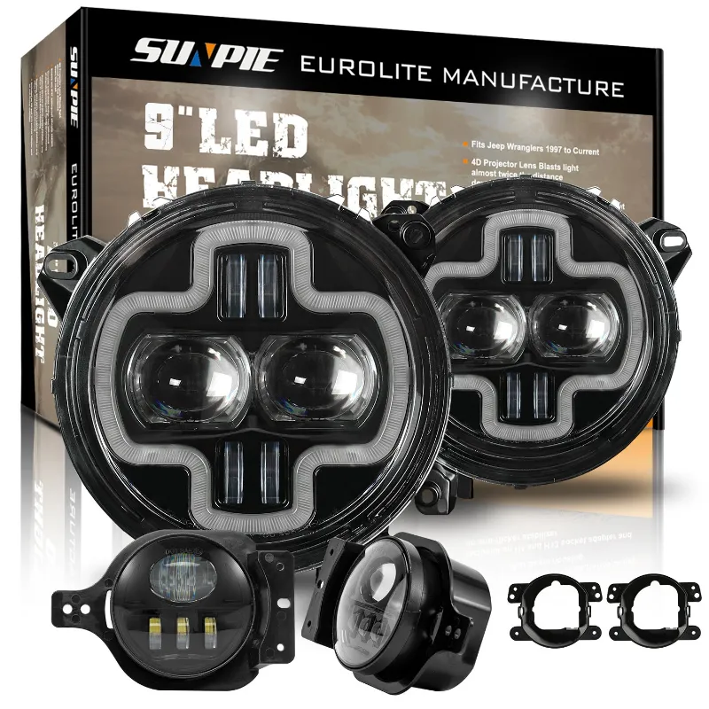 Sunpie 9 inch halo DRL LED headlights and 4 inch LED fog lights combo kit for 2018 Jeep Wrangler JL JLU 4xe and Gladiator JT
