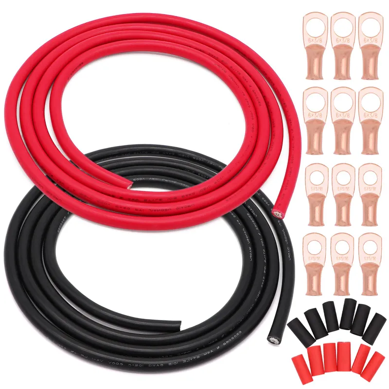 ACOPOWER 13Ft 6AWG Battery Power Tinned Copper Cable kit with red and black cables, lugs, and heat shrink