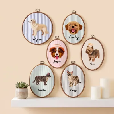 Mamaraya Personalized Felt Pet Portrait Hoop Art with custom pet portrait in decorative frame