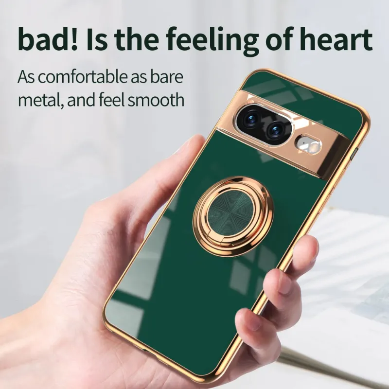 The Pixel Case Luxury Electroplating Case with Ring Holder For Google Pixel 8 Series showing metallic edges and rotating ring stand