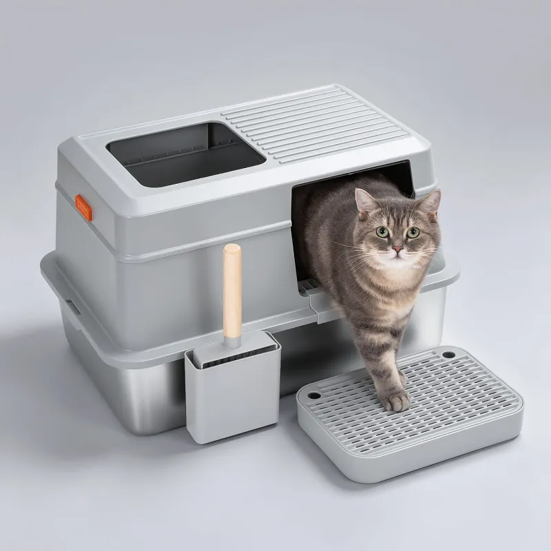 Furrbby XL Full Enclosed Stainless Steel Litter Box Model E, stainless steel enclosed box with dual entry points