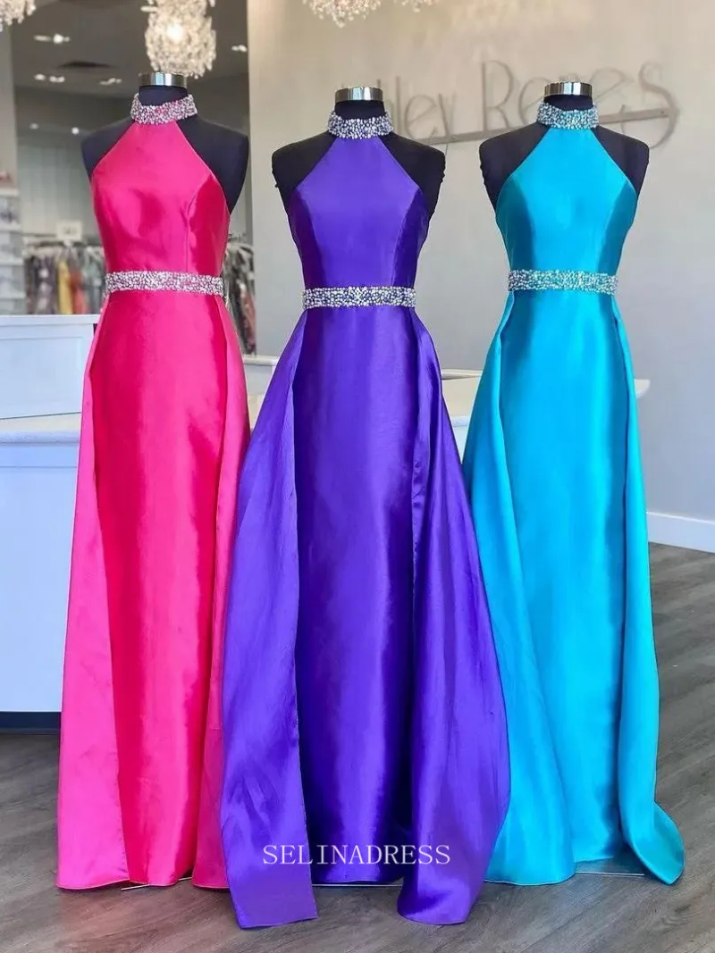 Selinadress A-line Halter Long Prom Dress Beaded Formal Dress in satin, full-length evening gown with beading