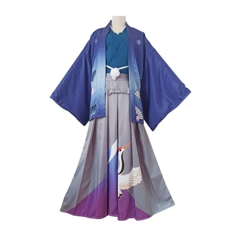 Foxtume Blue Crane Samurai Kimono Set featuring a crane design on Hakama with a deep blue Haori