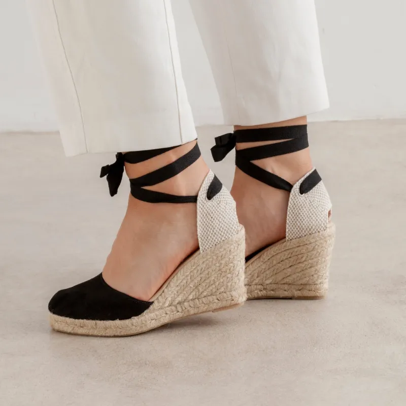 BIANKINA Sevilla Eco Canvas Vegan Espadrille Lace-Up Wedges in black with jute sole