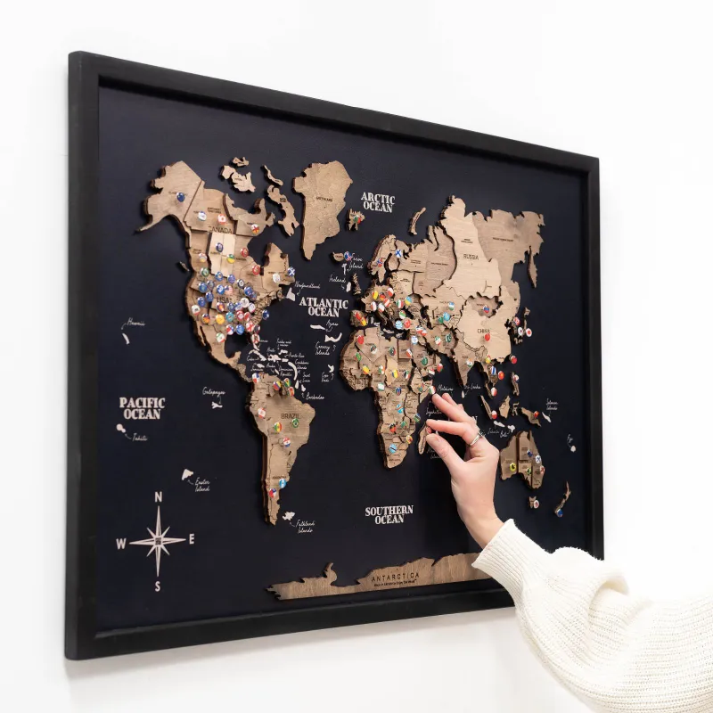 Enjoy The Wood 3D Wooden Panel World Map Terra with layered continents and earth-toned background