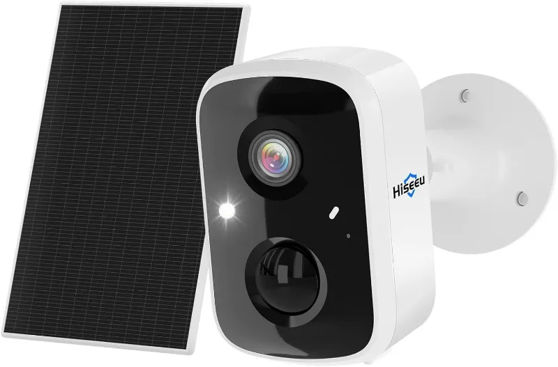 Hiseeu 2.4G WiFi 4MP Battery Powered Solar Camera mounted on exterior wall