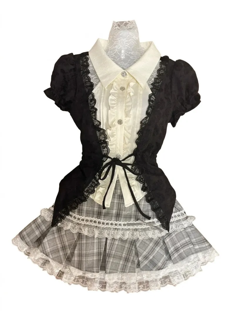 Shoptery Jirai Kei Black Lace Bolero & Ivory Ruffle Blouse Plaid Skirt Set with puff sleeves and tartan skirt