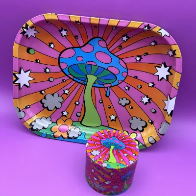 High Dreams Rolling Tray & Grinder Set Mushroom Psychedelic with trippy mushroom art on metal tray and grinder