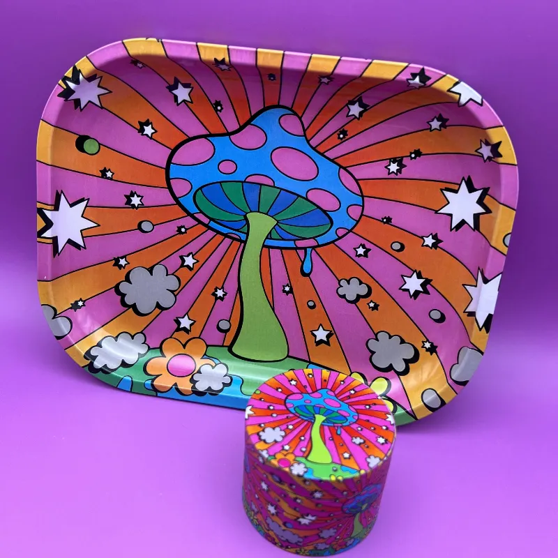High Dreams Rolling Tray & Grinder Set Mushroom Psychedelic with trippy mushroom art on metal tray and grinder