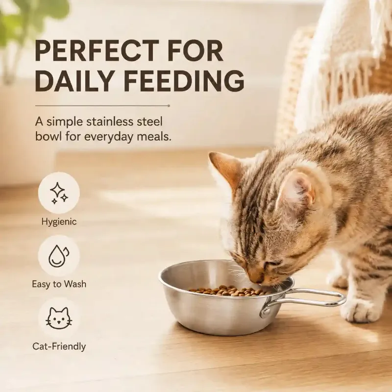 4FurBaby Stainless Steel Cat Food Bowl with Easy-Grip Handle shown with riveted metal handle