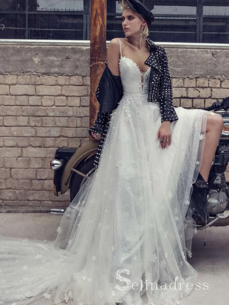 Selinadress A Line Spaghetti Straps Lace Sparkly White Wedding Dresses in tulle