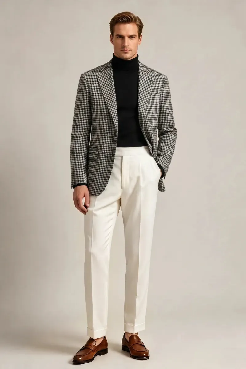 Wehilion Men's Black And White Check Notch Lapel Blazer with vintage check pattern