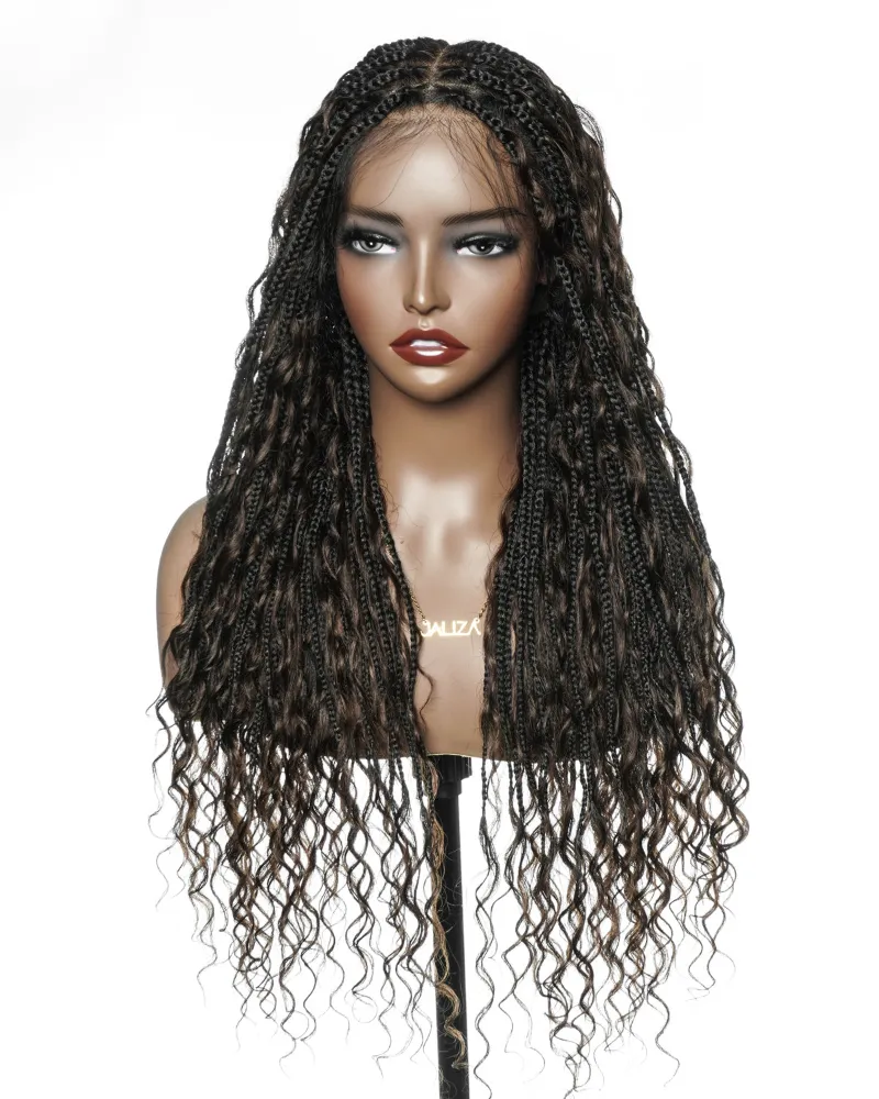 Jaliza 26 inch Dark Brown #4 Pre Bleached Human Hair Curls Boho Box Braided Wig showing long braids with curly ends