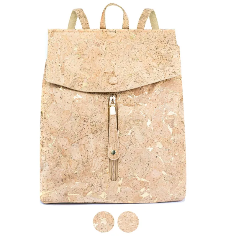 Corkadia Cork Backpack with Gold Flecks showing natural cork texture with golden details and adjustable straps