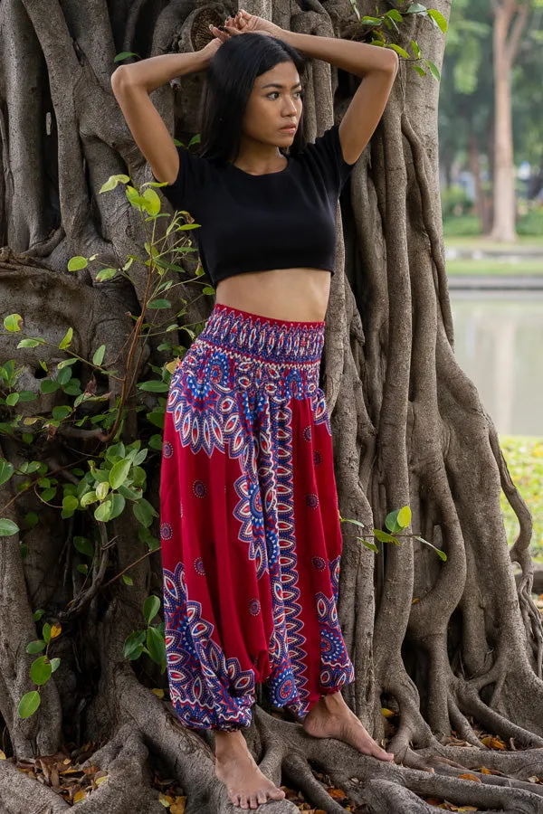 Hippie Pants Red Lotus Pants baggy harem style with lotus flower petal pattern