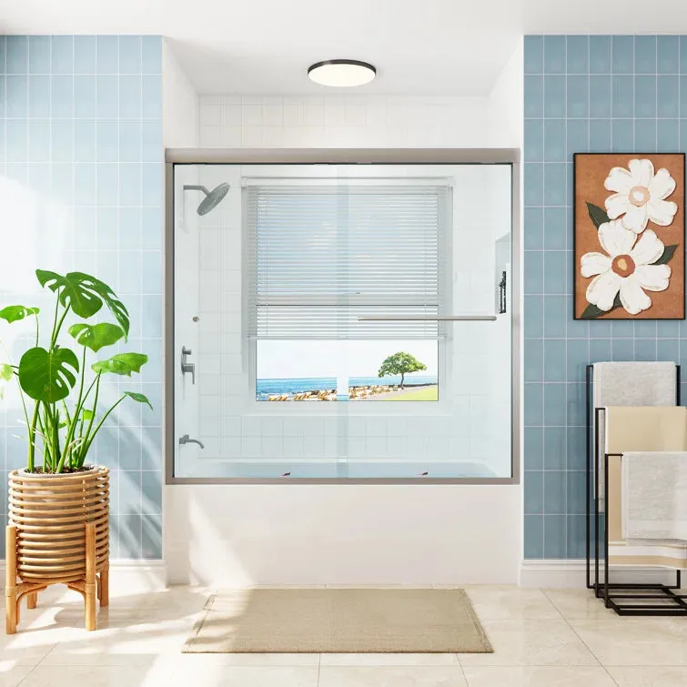HOROW 59 Inch Brushed Nickel Frameless Sliding Shower Door in a modern bathroom