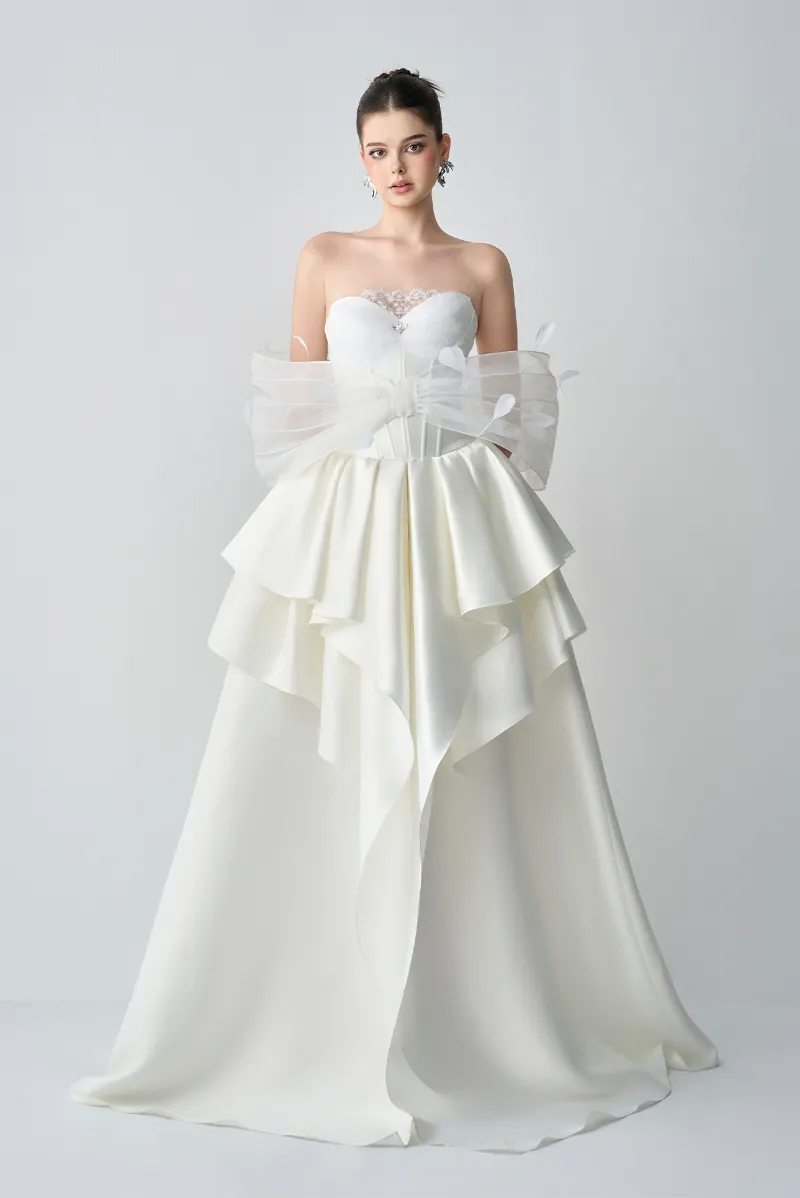Kalisa Bellina Ethereal Ball Gown With Feather Accent, full-length formal gown