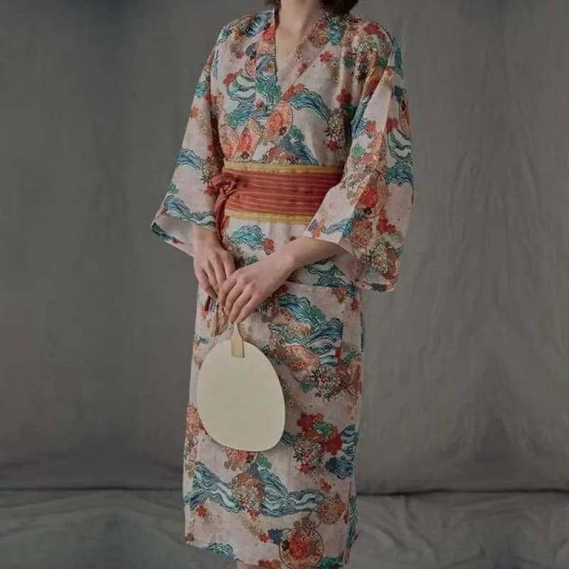 Foxtume Floral Pattern Obi Belt Women Yukata Nightwear in soft tone floral pattern