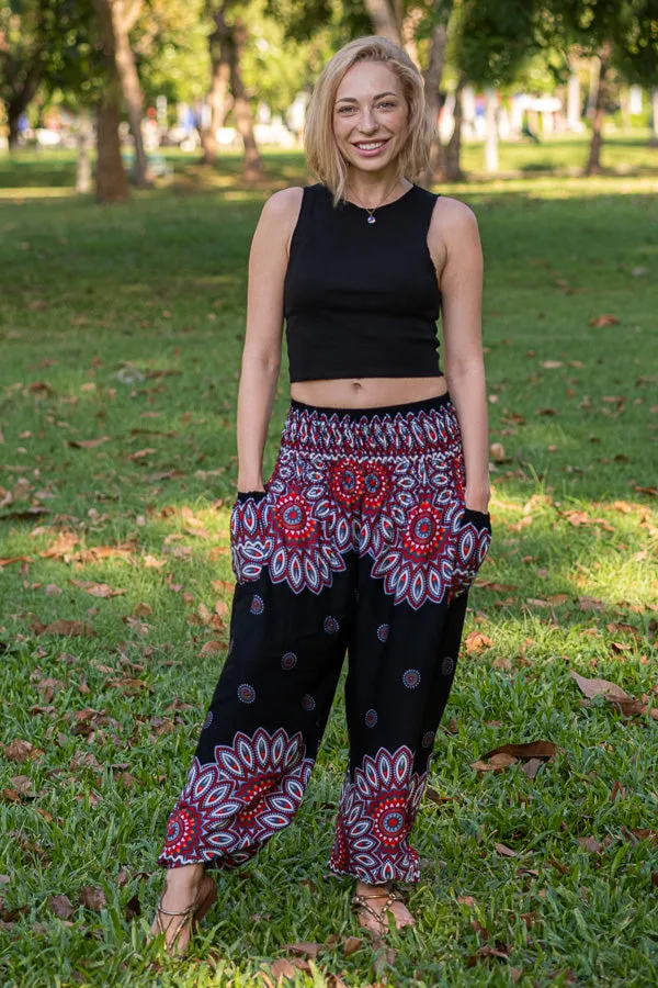 Hippie Pants Black Petal Pants, black yoga pants with lotus petal print