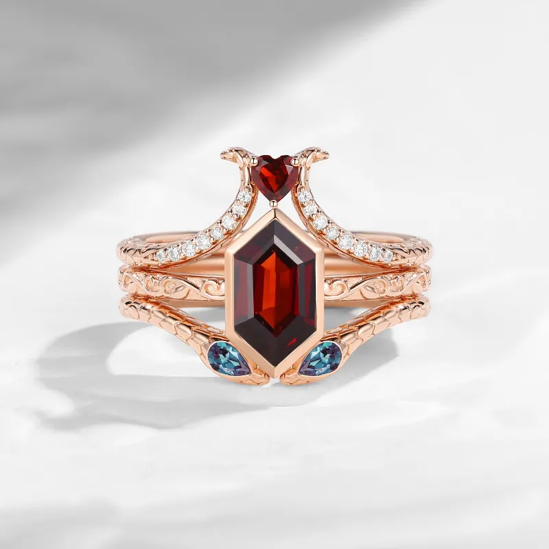 Starlandus Serpent's Allure long hexagon cut garnet vintage bezel engagement ring set 3pcs