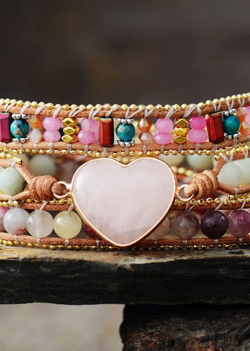 Boho Dress Boho Bracelet 3 Layers Leather Wrap Bracelet Tourmaline Rose Heart with natural stones