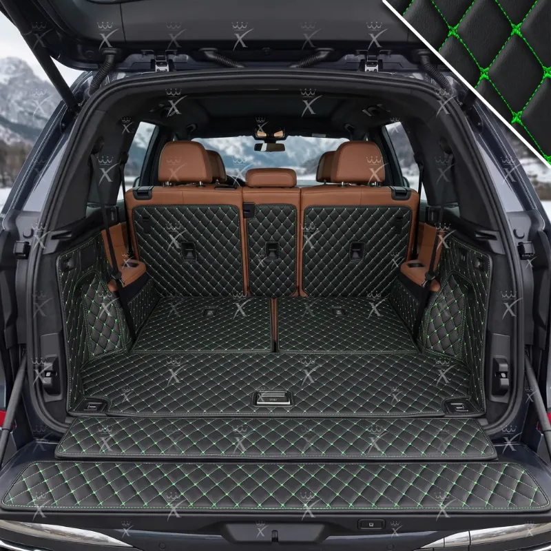 Luxus Car Mats Diamond 360Fit Trunk Mat showing black eco-leather with green stitching