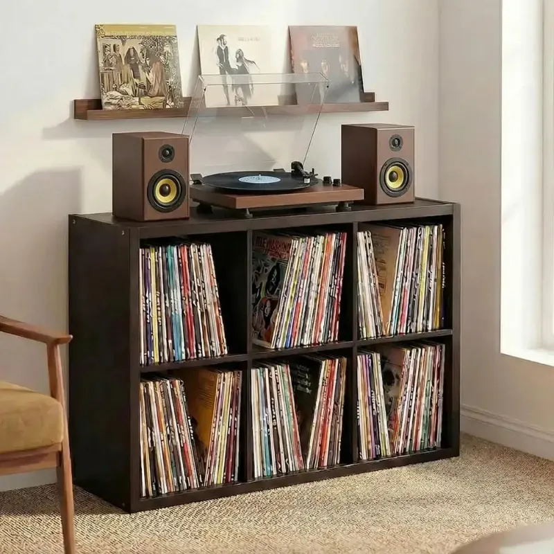 Retrolife 6-Cube Record Player Stand Vinyl Storage showing modular cube layout with 480+ album capacity