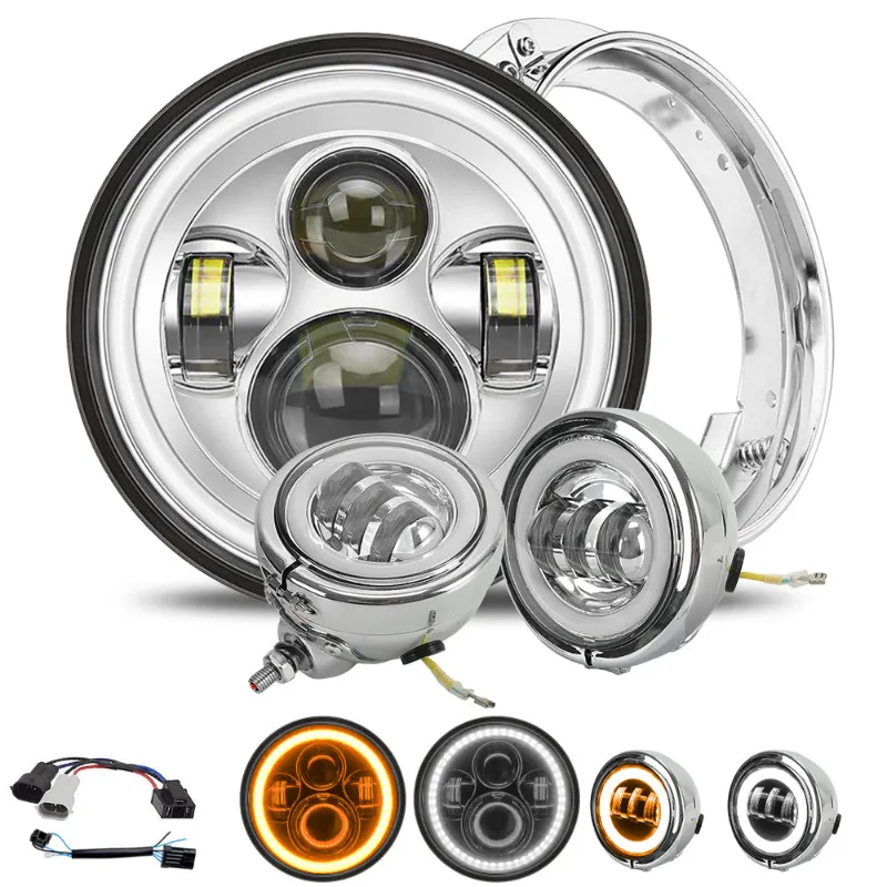Sunpie 7 inch LED headlights and 4 inch LED passing lights with mounting brackets and integrated halo DRL turn signal for Harley motorcycles