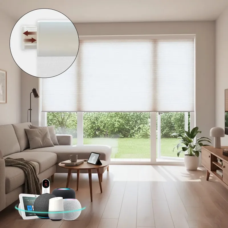 Bringnox No Drill Motorized Cellular Light Filtering Shades on window frame