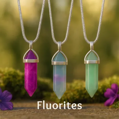 Turix Fluorite Crystal Necklace set showing three natural fluorite pendants with silver chains