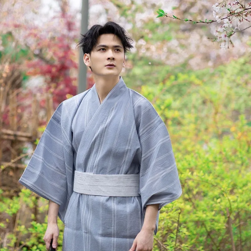Foxtume Pale Gray Men Traditional Yukata in cotton with Obi belt