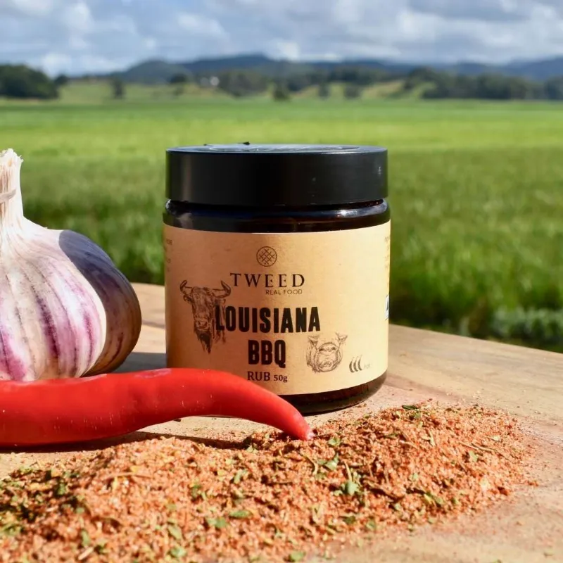 Tweed Real Food Louisiana BBQ Rub jar with spice blend