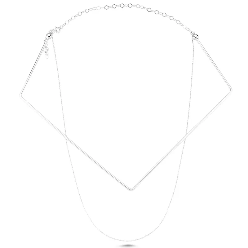 Amorium Jewelry Dainty Silver Chain Choker Necklace with Square showing square bar element with layered chain strands
