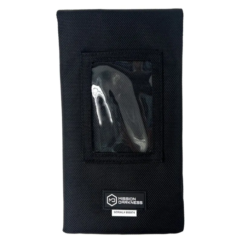 MOS Equipment Mission Darkness Faraday Phone Sleeve, tan ballistic nylon case with visible ID card slot and closure options