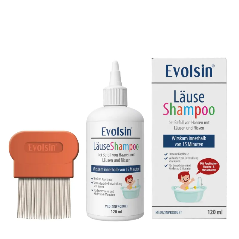 Evolsin Medical Läuseshampoo mit Läusekamm bottle with lice comb for adults and children