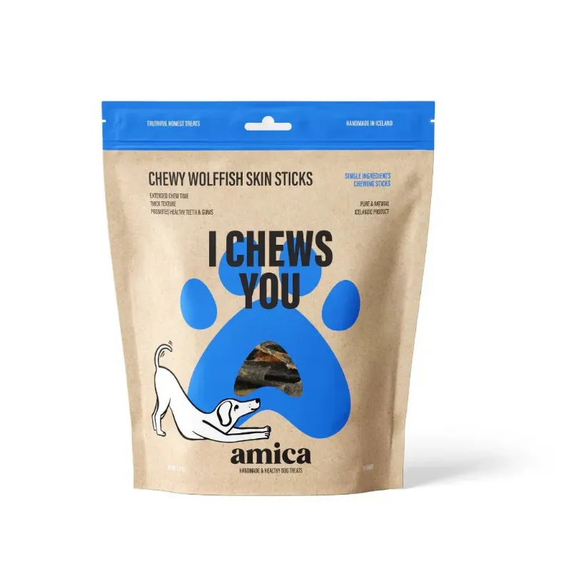 Nammi Chewy WOLFFISH SKIN I Chews You 90g package showing natural fish skin chew for pets