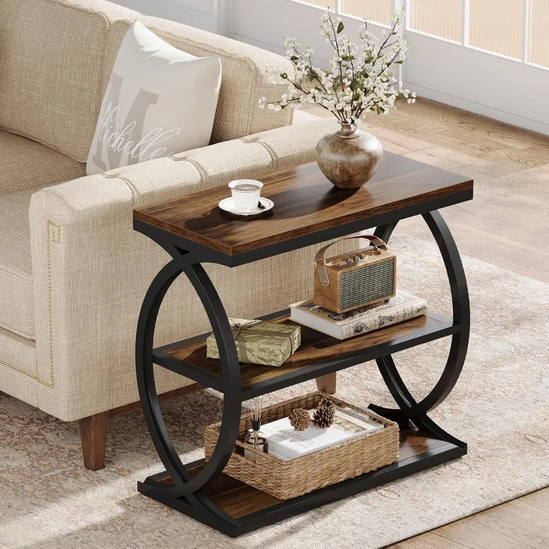Tribesigns 23.6 inch end table with three woodgrain shelves in black oval metal frame