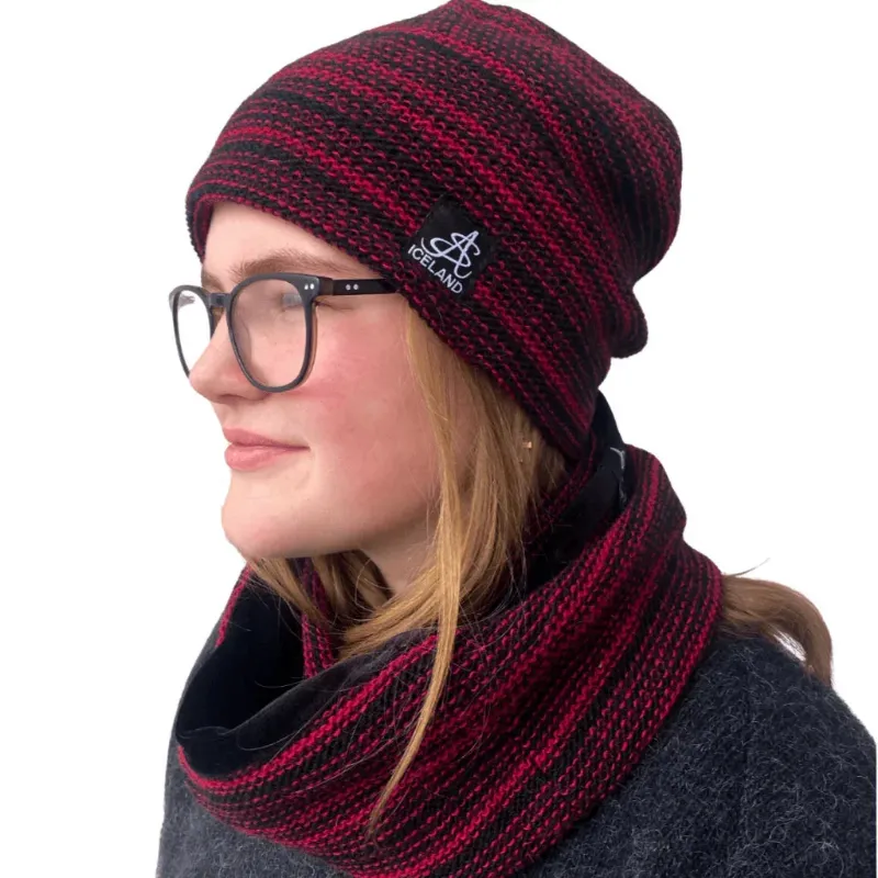 Nammi Beanie & Scarf in red and black Icelandic wool set