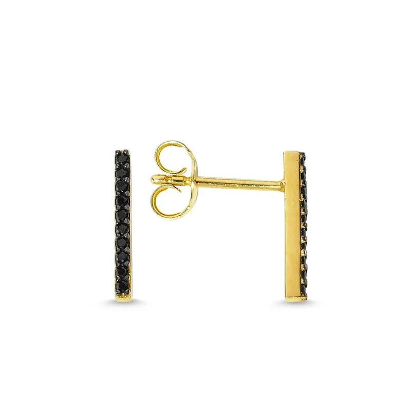 Amorium Jewelry Black Bar Stud Earrings in Gold, pair of linear gold studs with black crystal accent
