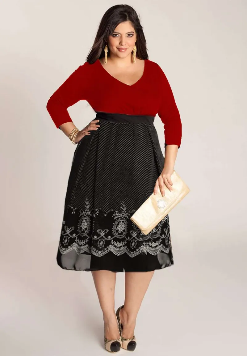 IGIGI Braylee Plus Size Dress In Red showing a red bodice and black printed chiffon skirt