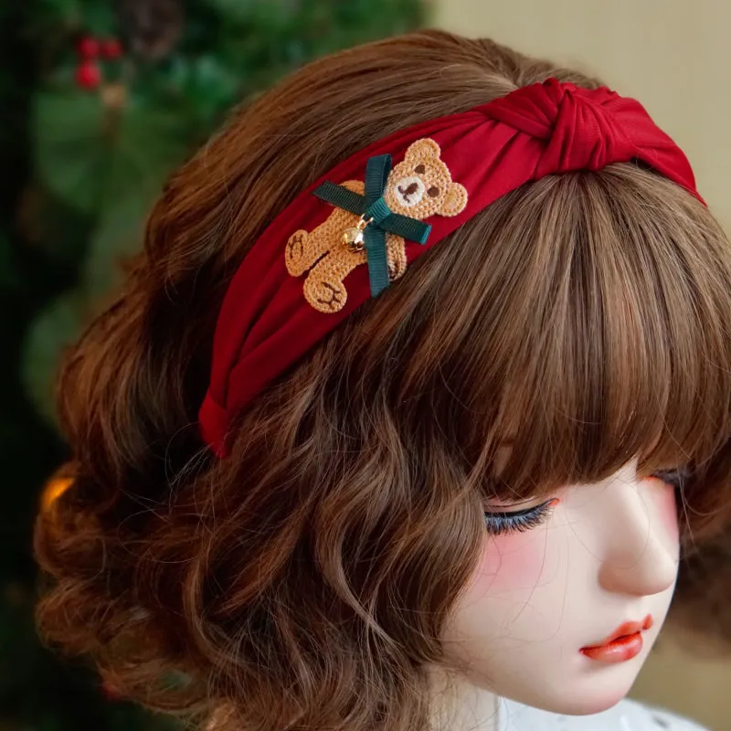 Juwas Bear Christmas Bow Headband showing red knitted holiday hair accessory.