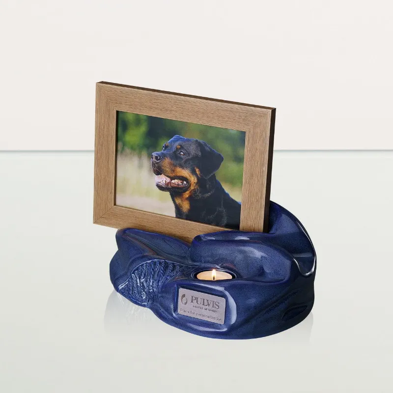 Pulvis Art Urns Cremation Urn Cozy blue melange ceramic urn with wooden picture frame and candle holder