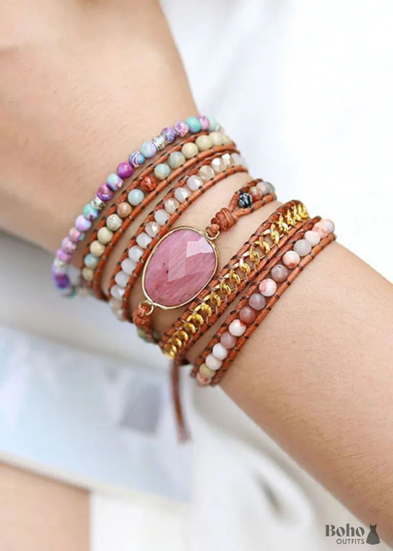 Boho Bracelet 5 Layers Leather Wrap Bracelet with pink rhodonite stone beads, shown on a neutral background